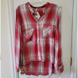 Melissa McCarthy Seven7 Blouse Size 1X Red Plaid Hi Low Hem